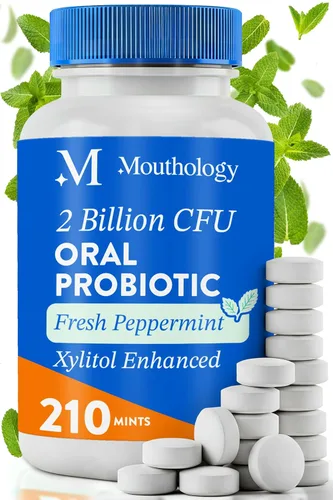 Mouthology Probióticos orales para el mal aliento bucal con xilitol (210 unidades de mentas), probióticos dentales, probióticos bucales, tratamiento