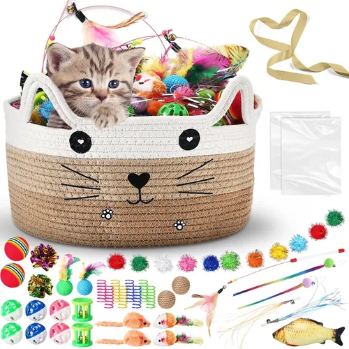 Miniatura 11 de Zopeal Juego de 76 cestas de almacenamiento para gatos, juguetes interactivos para gatos, varita para gatitos, bolas parpadeantes coloridas, bolas