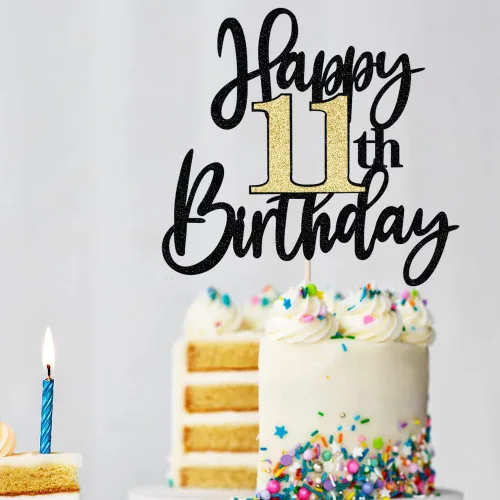 Miniatura 7 de Decoración para tartas de cumpleaños número 11 con purpurina negra y dorada, decoración de pastel de cumpleaños de 11 años y fabuloso cumpleaños