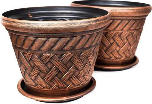 Paquete de 2 macetas con patrón de tejido de cesta, aspecto rústico francés (2 macetas + 2 platillos a juego), maceta de plástico para interiores,