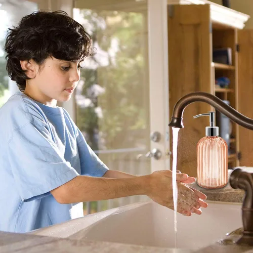 Miniatura 5 de Paquete de 2 dispensadores de jabón de vidrio con bomba, dispensador de jabón líquido de 13.5 fl oz para lavar líquido, champú y loción, dispensador