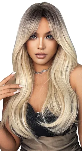 LANOVA LANOVA-203 - Pelucas de cabello sintético rubio platino para mujeres blancas, peluca de 22 pulgadas de color rubio castaño degradado marrón