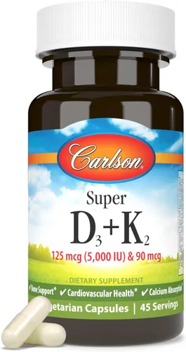 Miniatura 5 de Carlson - Super D3 + K2, 125 mcg (5000 UI) de vitamina D3, 90 mcg de vitamina K2 como MK-7, soporte óseo, absorción de calcio, 45 cápsulas