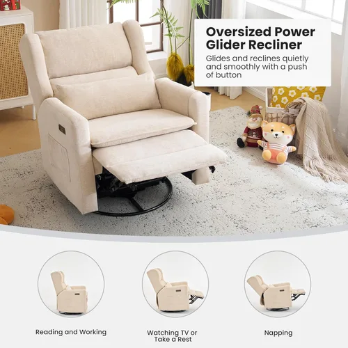 Miniatura 4 de Oversized Swivel Rocker Recliner with Lumbar Cushion,Power Recliner Nursery Chair with Adjustable Headrest,Nursery Glider Recliner for Living Beige
