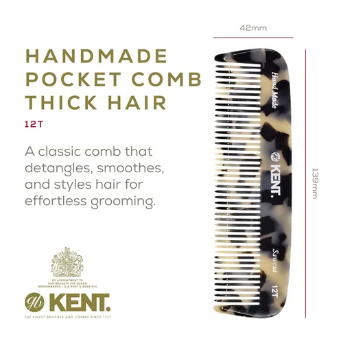 Miniatura 2 de Kent 12T TW Peine de Bolsillo - Peine de Cabello de Dientes Anchos Hecho a Mano para Hombres, Mujeres y Niños - Peine de Viaje, Barba y Bigote