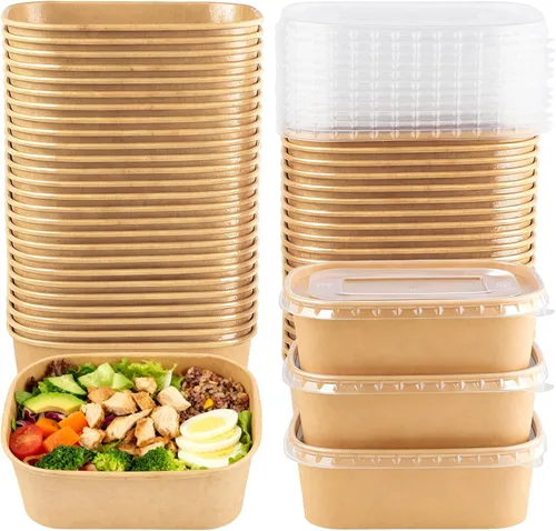 Paquete de 50 cuencos de papel kraft desechables de 25 onzas con tapas, recipientes rectangulares de papel para alimentos, recipientes de