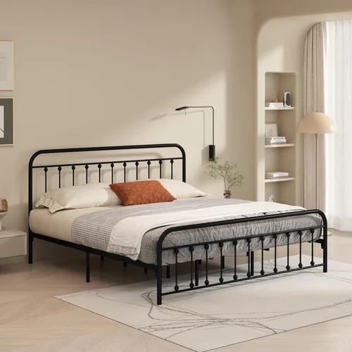 Miniatura 12 de Marco de cama de metal tamaño matrimonial con cabecero y estribo, sin somier, color blanco