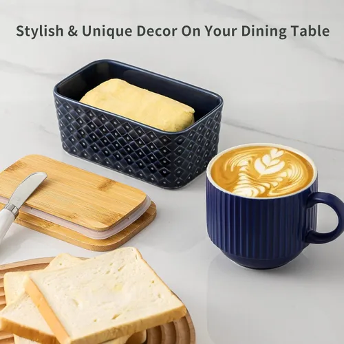 Miniatura 7 de Hasense Mantequillera de cerámica con tapa, recipiente grande para mantequilla hermética para encimera, patrón azul marino en relieve, fácil