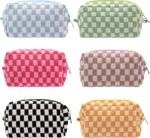 Miniatura 65 de PAZIMIIK Bolsa de Maquillaje a Cuadros para Bolso Portátil con Cremallera, Estuche Pequeño de Cosméticos para Accesorios de Viaje, Azul Ártico