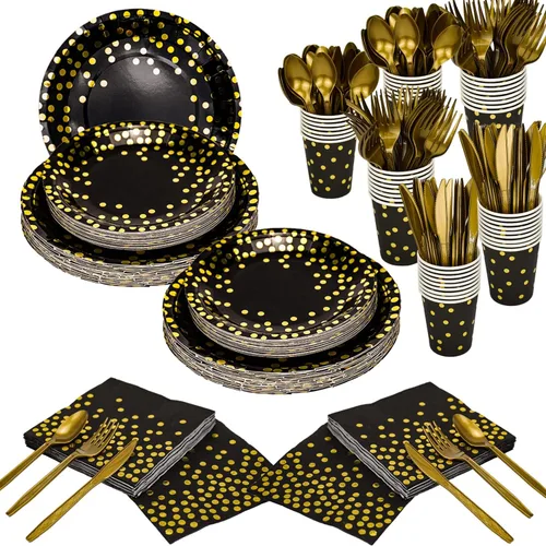 Miniatura 11 de Juego de vajilla desechable dorada de 176 piezas y vajilla desechable de punto dorado para fiesta, platos de papel negro, servilletas, vasos