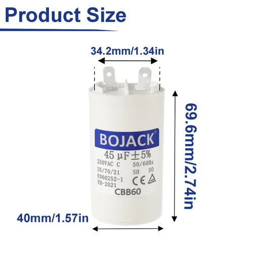 Miniatura 2 de BOJACK 45uf 45MFD uF CBB60 Condensador de funcionamiento de lavadora Frecuencia del condensador de funcionamiento del motor 50/60Hz 250VAC 250V Stud