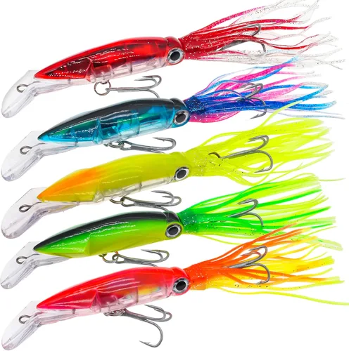 Miniatura 3 de Señuelos de pesca de calamar con cola de pulpo - Cabeza de anzuelo con luz de plástico suave - Kit de cebo para pesca de trucha y lubina