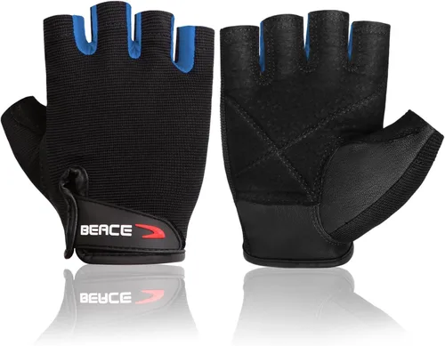 Guantes de gimnasio BEACE para levantamiento de pesas, con palma de piel antideslizante para entrenamiento, fitness y culturismo para hombres y Azul