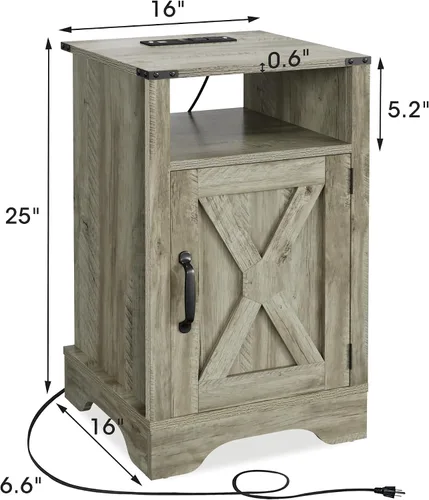 Miniatura 2 de FansaFurn Mesita de noche de granja con estación de carga, mesa auxiliar rústica de madera para dormitorio, sala de estar, 16 pulgadas de Gris claro