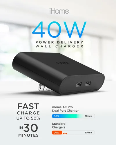 Miniatura 3 de iHome Cargador USB-C multipuerto de 40 W, bloque plano de 2 puertos AC Pro, adaptador de pared de carga rápida dual