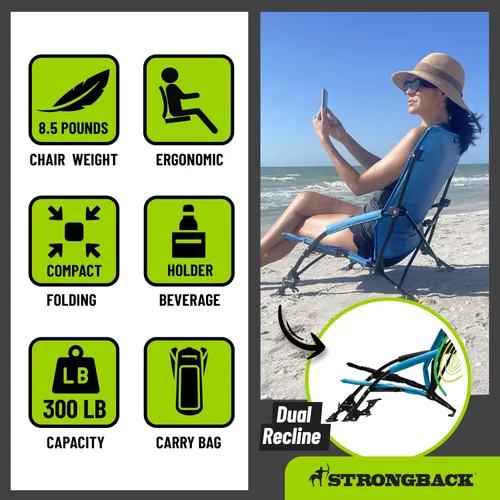 Miniatura 6 de STRONGBACK Sillas de playa – Silla de playa portátil reclinable de baja gravedad – con soporte lumbar integrado, sillas de playa plegables