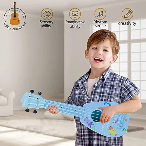 Miniatura 5 de YOLOPLUS+ Guitarra de juguete para niños de 17 pulgadas con 4 cuerdas, mini guitarra infantil, instrumentos musicales educativos, juguete de Azul