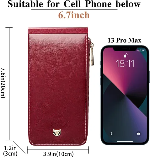 Miniatura 5 de FOXLOVER Portatarjetas de crédito múltiples para mujer, con bloqueo RFID, cartera de cuero para mujer con bolsillo con cremallera, rojo vino