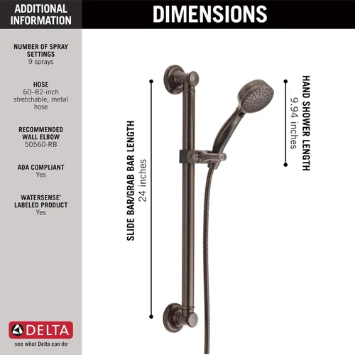 Miniatura 3 de Delta Grifo de Ducha de Mano con Barra Deslizante de 9 Chorros con Manguera, Cabezal de Ducha de Mano de Bronce Frotado con Aceite, Ducha de Mano