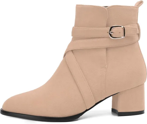 Miniatura 5 de NUMALEO Botas altas de ante con hebilla para mujer, estilo casual, punta redonda, tacón bajo y grueso, 2 pulgadas