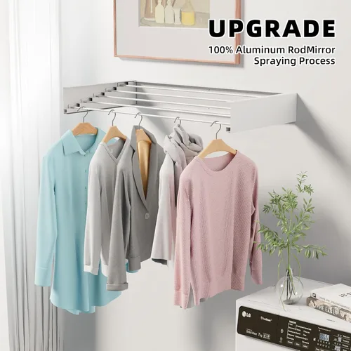 Miniatura 6 de Escurridor plegable para ropa sucia, montado en la pared, 31.5 pulgadas de ancho, 13.2 pies lineales, 5 varillas de aluminio, capacidad de 60