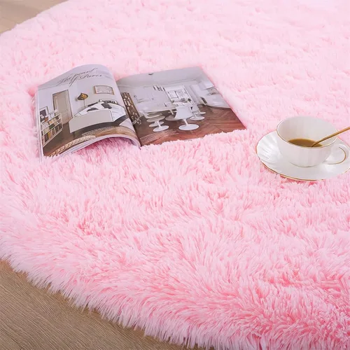 Miniatura 5 de Alfombra redonda rosa para dormitorio, alfombra circular esponjosa de 4 pies para habitación de los niños, alfombra suave antideslizante, alfombra
