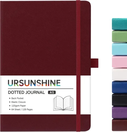 Miniatura 66 de Cuaderno punteado, diario, 5.3 x 8.26 pulgadas, tapa dura, prémium, papel grueso, doble espiral, bandas, cuero negro sintético, lazo para bolígrafo