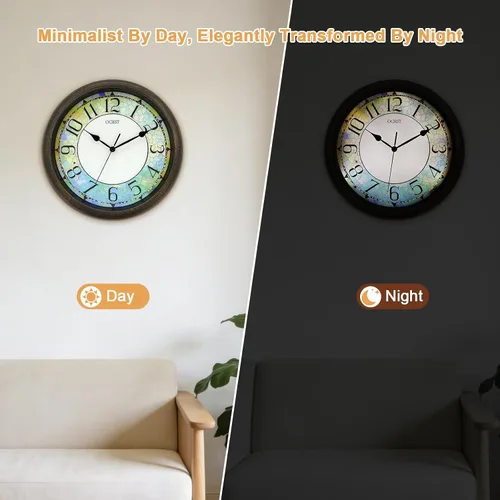Miniatura 6 de OCEST Reloj de pared iluminado de 13 pulgadas, reloj de pared iluminado silencioso que brilla en la oscuridad, funciona con pilas para dormitorio