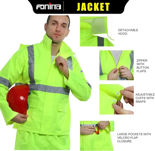 Miniatura 3 de FONIRRA Hi Vis - Traje impermeable de seguridad para hombre, impermeable, amarillo, reflectante, clase 3, chaqueta de lluvia (L/XL)