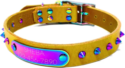 Miniatura 17 de Collar de perro de cuero con brida hecha a mano, grabado arco iris de acero inoxidable (negro)