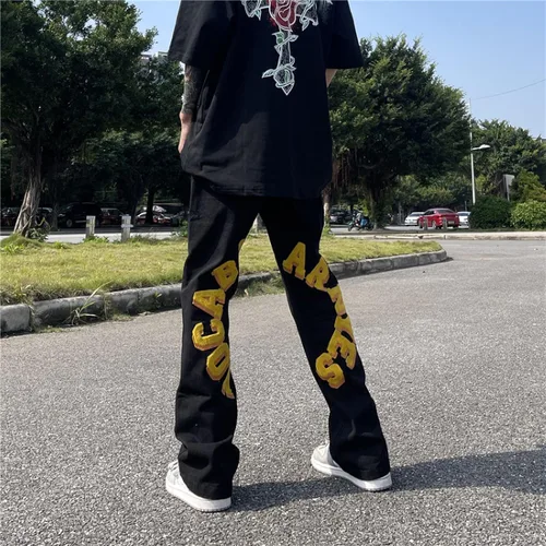 Miniatura 3 de Pantalones de mezclilla para hombre con estampado callejero, sueltos, estilo hip hop, rectos, vintage, holgados, pantalones largos, ropa de calle