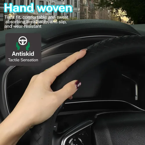 Miniatura 4 de Cubierta de volante de cuero para hombres, con patrón tejido negro, accesorios para auto, antideslizante, segura, suave, transpirable, adaptable a