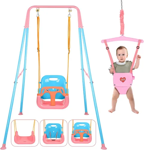 Miniatura 9 de Juego de columpio 4 en 1 para niños pequeños y jersey para bebé, columpio resistente para niños con rebotador, soporte plegable de metal