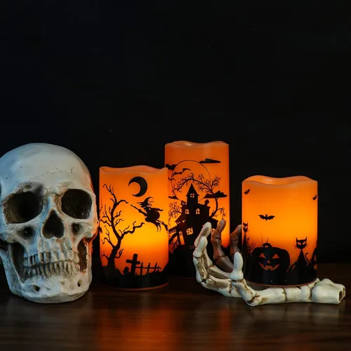 Miniatura 7 de Velas de Halloween sin llama con temporizador de 6 horas, velas LED naranjas parpadeantes de cera real, bruja, murciélagos, castillo, calcomanías