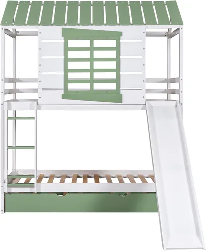 Miniatura 5 de MERITLINE Literas de casa con tobogán para niños, literas de madera de tamaño individual sobre individual con nido y tobogán convertible, cama