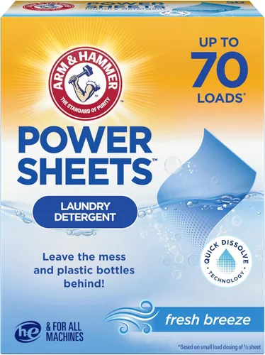 Arm & Hammer Power Sheets Detergente para lavar, aroma fresco a brisa, sin desorden, liviano y apto para viajes, 35 unidades, hasta 70 cargas