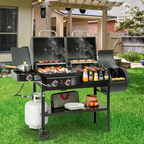 Miniatura 9 de Parrilla de gas y carbón combinada de 2 quemadores con ahumador lateral y quemador lateral, parrilla de combustible dual de 34.000 BTU, área
