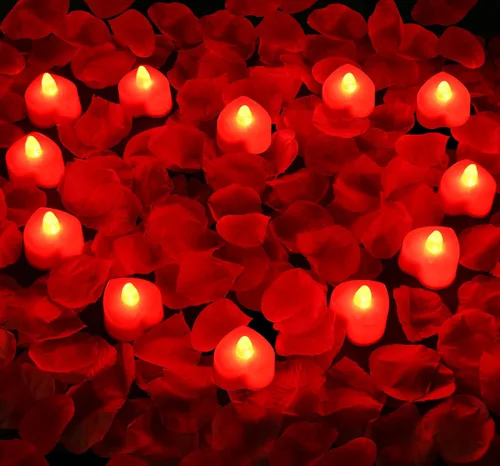 Miniatura 7 de KOABY - 2000 pétalos de rosa artificiales rojos con kit de 24 luces LED rojas en forma de té, para decoración 2000 pétalos rojos + 24 velas rojas