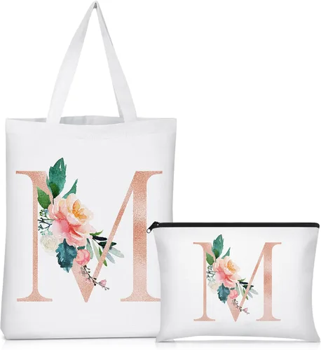 Miniatura 19 de Sanwuta 2 bolsas de lona con inicial, diseño floral con letras florales, bolsas de cosméticos de viaje, bolsas con monograma para mujer, mujer