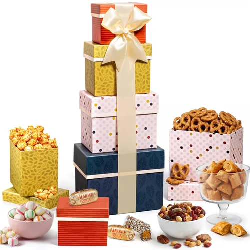 Broadway Basketeers Cesta de regalo de aperitivos en forma de torre, cesta gourmet para familiares, amigos y grupos, cesta de regalo grande dulce y