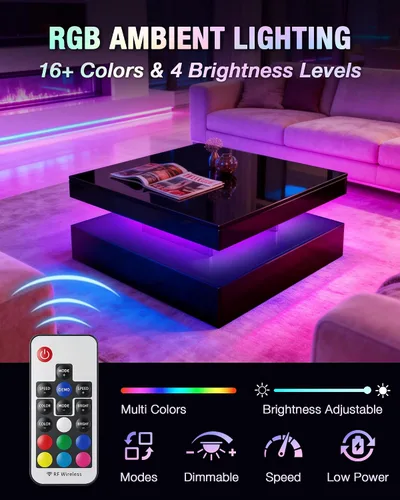 Miniatura 4 de FKWin Mesas de centro negras para sala de estar, mesa de centro LED con luces, moderna mesa de centro negra con superficie de alto brillo, mesa
