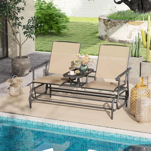 Miniatura 2 de Tangkula Silla mecedora para 2 personas, sofá biplaza mecedora para patio con mesa central de vidrio templado, banco de columpio para exteriores