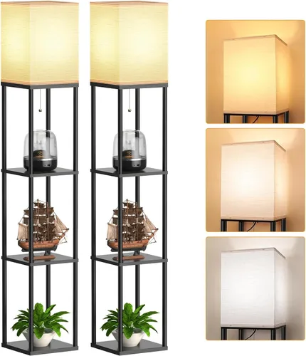 Lámpara de pie con estantes para sala de estar, paquete de 2, lámpara de pie con 3 bombillas LED CCT, lámpara de columna de pie, organizador de Negro