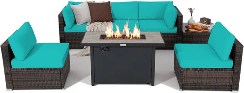 Miniatura 12 de Tangkula Juego de muebles de patio de 7 piezas con mesa para fogata, incluye mesa rectangular de propano de 42 pulgadas y 60,000 BTU y funda