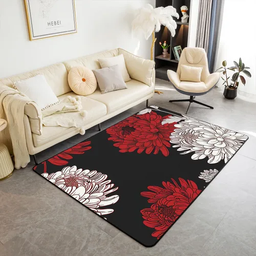 Castle Fairy Alfombra decorativa de crisantemo de 4 x 5 pies, color rojo, negro y blanco, con flores silvestres, antideslizante, para mujeres,