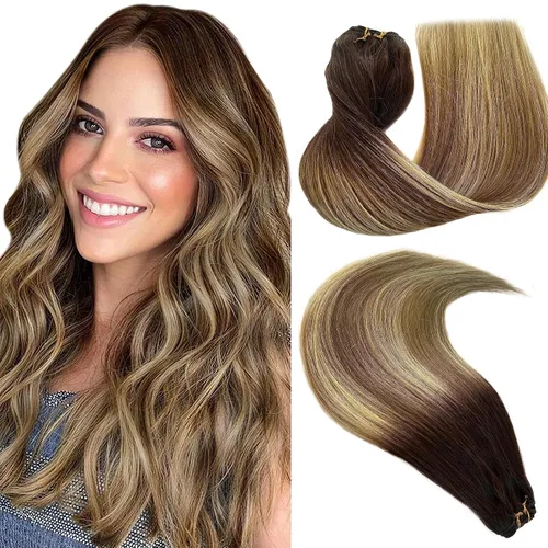 Miniatura 10 de Extensiones de cabello humano real con trama cosida, atadas a mano, color rubio ceniza a rubio con reflejos, extensiones cosidas con trama