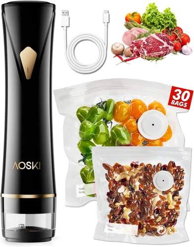 Miniatura 8 de Sellador al vacío compacto preservar para alimentos: máquina selladora al vacío portátil de mano + 3 recipientes de vidrio al vacío + 30 bolsas