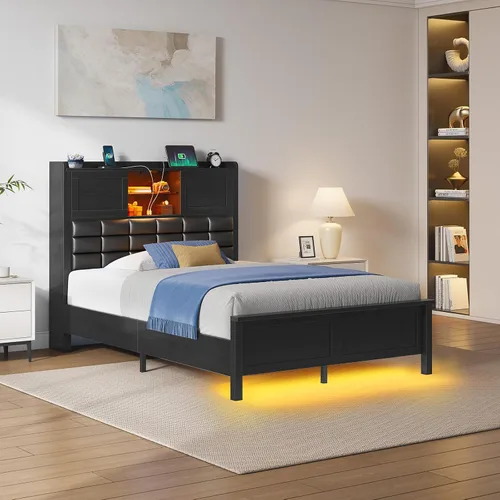 Miniatura 7 de Rolanstar Armazón de Cama Tamaño Twin con Estación de Carga, Cama con Cabecera Estantería con Luz LED y Puertas Corredizas, Cama de Plataforma