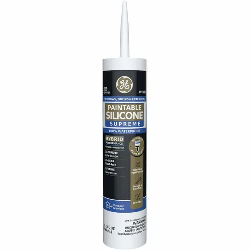 GE Supreme Calafateo de Silicona Pintable para Ventana y Puerta, Blanco, Cartucho de 9.5 fl oz, 1 Paquete - Sellador de Silicona 100% Impermeable,