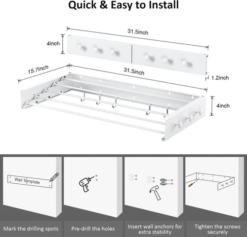 Miniatura 2 de Tendedero de secado para ropa, montaje en pared, plegable, plegable, capacidad de 60 libras, 5 postes de aluminio con 6 ganchos